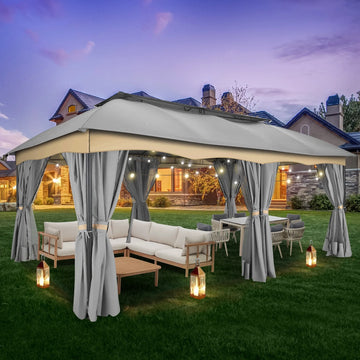 COBIZI 12X20 Heavy Duty Gazebo Outdoor Gazebo with Mosquito Netting and Curtains,Canopy Tent Deck Gazebo with Double-Arc Roof Ventiation and Metal Steel Frame Suitable for Lawn, Backyard, Patio,Brown