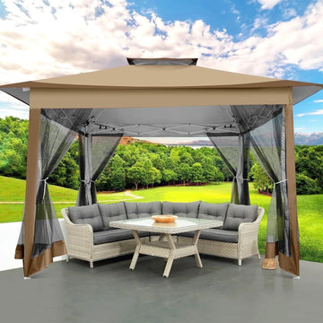 COBIZI 12x12 Outdoor Gazebo Pop-up Gazebo Canopy with Mosquito Netting Patio Tent Backyard Canopy with 2-Tiered Vented Top 3 Adjustable Height, Brown