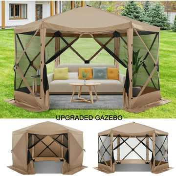 COBIZI 12x12 Pop Up Canopy Gazebo, Outdoor Canopy Tent Screen House with 5 sidewalls and Netting for Camping, Waterproof, UV Resistant, Ez Set-up Party Tent with Carrying Bag and Ground Stakes,Khaki