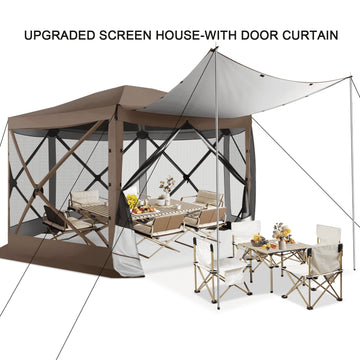 COBIZI 12x12 Pop up Gazebo 6-Sided Screen House Tent for Camping, Outdoor Canopy Tent with Removable Roof&Mosquito Netting, Portable Hub Tent with Carrying Bag and Ground Stakes, Brown(Upgraded)