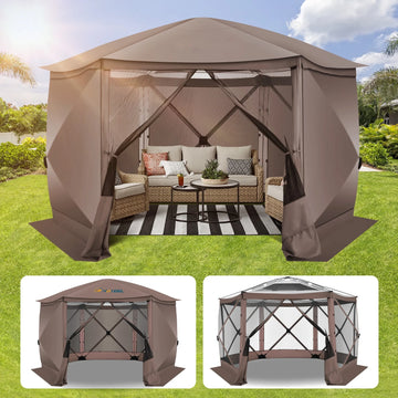 COBIZI 12x12 Pop-up Gazebo Screen Canopy with 5 Sidewalls and Mosquito Nettings for Camping, Tent Instant Screened House with Carrying Bag and Ground Stakes, Brown(Upgraded)