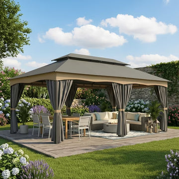 COBIZI 12x20 Heavy Duty Canopy Gazebo Outdoor Gazebo with 6 Curtains 100% Waterproof Party Wedding Tents with Double Roof and Metal Steel Frame for Backyard, Patio, Lawn, Garden, Gray