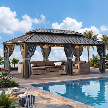 COBIZI 12x20FT Hardtop Gazebo, Metal Gazebo with Aluminum Frame, Permanent Gazebo Double Galvanized Steel Roof, Curtains and Netting Included, Pergolas for Patios, Garden, Deck,Lawns,Black
