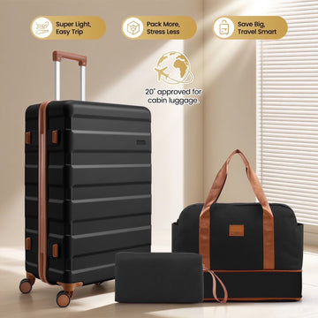 COBIZI 3 Piece Carry On Luggage Set, TSA Lock, Expandable Duffle Bag, Black