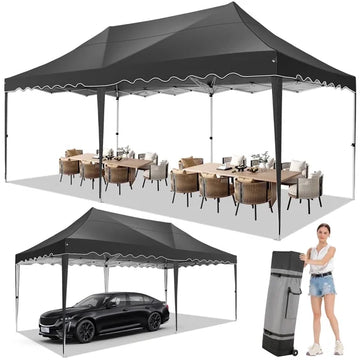 COBIZI 10x20FT Pop-Up Canopy Tent with Rolling Wheeled Bag, Instant Setup Portable Outdoor Shelter with Rolled Edges — Perfect for Parties, Weddings, Camping, Beach & Outdoor Events, Black