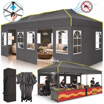 COBIZI 10x10 Pop Up Canopy Tent with 4 Sidewalls, Mesh Air Vents, Double-Zipper Roll-Up Doors, One-Push Setup, 3 Heights, Waterproof UPF 50+, Glow Strips, Carry Bag, Sandbags, Stakes & Ropes, Black