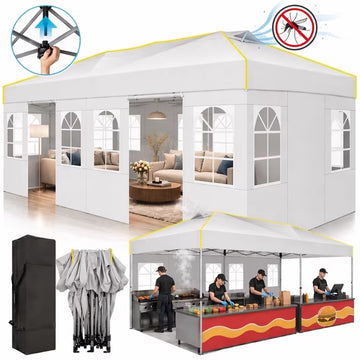 COBIZI 10x20 FT Pop Up Canopy for Patio, Waterproof Outdoor Tent with Mesh-Screened Vents & 6 Sidewalls, One-Push Setup, UPF 50+, 3-Level Height Adjustable, Carry Bag, Sandbags, Stakes & Ropes, White
