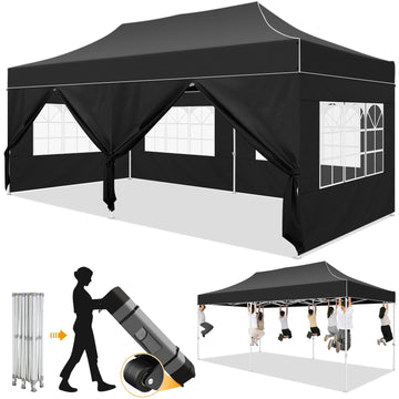 COBIZI Canopy Tent 10x20 Pop Up Heavy Duty Canopy Tent with 6 Removable Sidewalls,Party Tent for Weddings,Beaches,Outdoor Events,Commercial Seasonal Wind UV 50+& Waterproof&Sunburn Protection,Black