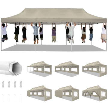 COBIZI 10x30 Pop-up Canopy Tent, Heavy-Duty, Waterproof, 8 Removable Sidewalls, UPF 50, Khaki