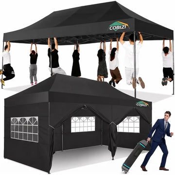COBIZI 10x20 Heavy Duty Pop Up Canopy Tent, Reinforced Frame 220 LBS/Leg, 6 Removable Sidewalls, Waterproof & Windproof, with Wheeled Bag, Sandbags & Ground Stakes, for Wedding & Trade Show, White