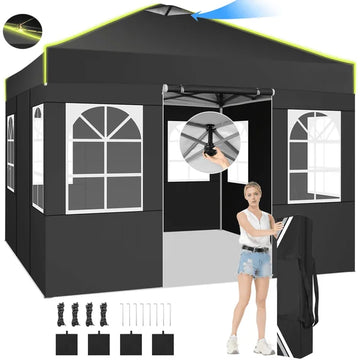 COBIZI Canopy tent 10x10 Pop up Canopy with Sidewalls Waterproof Easy up Canopy for Outside Event Shelter Straight Legs with Air Vent for Party,Camping,Outdoor Activity,Black