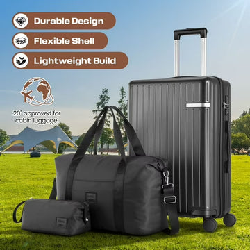 COBIZI Carry On Luggage Sets 3 Piece Suitcases With Wheels，Carry On Luggage Airline Approved With TSA Lock For Luggage，Lightweight Carry On Suitcase With Expandable Duffle Bag For Travel，Black