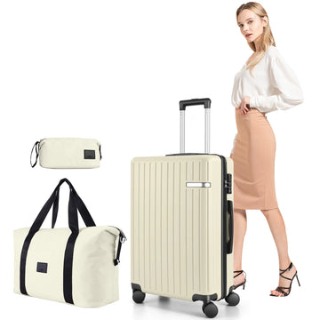 COBIZI Carry On Luggage Sets 3 Piece Suitcases With Wheels，Carry On Luggage Airline Approved With TSA Lock For Luggage，Lightweight Carry On Suitcase With Expandable Duffle Bag For Travel，Beige