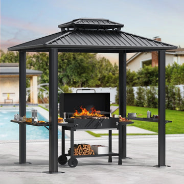 COBIZI 6'x8' Hardtop Grill Gazebo for Patio Double Galvanized Steel Roof with 2 Side Shelves Outside Sun Shade Outdoor BBQ Gazebo Canopy, Black