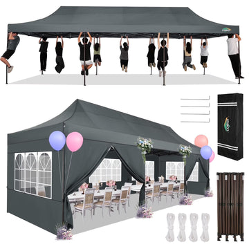 COBIZI Heavy Duty 10x30 Party Tent,Commercial pop up Canopy for Parties,Waterproof Gazebos, 8 Sidewalls,Waterproof UPF50+,Gray