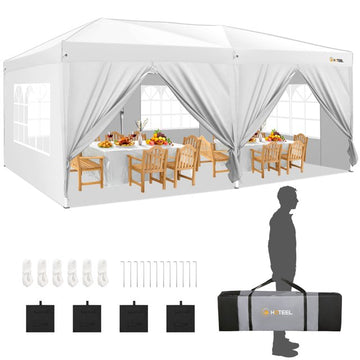 HOTEEL 10x20 Pop Up Canopy Tent for Parties, Easy Up Outdoor Gazebo Commercial Event Tent with 6 Sidewalls & 4 Sandbags & Top Reinforced for Wedding Backyard Patio, White