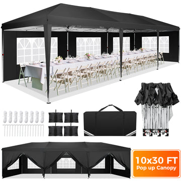 COBIZI 10x30 Pop up Canopy with Sidewalls Waterproof Canopy Tent for Outside Party Event Commercial Market Outdoor Patio Gazebo with Carry Bag,Black