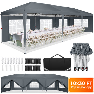COBIZI 10x30 Pop Up Canopy Tent with 8 Sidewalls, One-Push Center Lock, UPF 50+ Waterproof Outdoor Gazebo, Easy Up Party Tent with Roller Bag,Gray