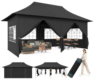 COBIZI 10x20 Heavy Duty Pop up Canopy Tent, Waterproof Outdoor Event Shelter with Extended Awning, UPF 50+, Instant Set up, Roller Bag, Black