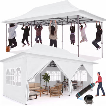 COBIZI 10x20 Heavy Duty Pop up Canopy Tent, Waterproof Outdoor Event Shelter with Extended Awning, UPF 50+, Instant Set up, Roller Bag, White