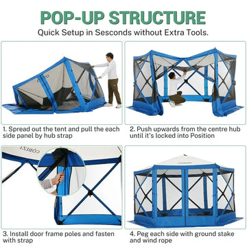 COBIZI 12'x12' Pop-up Gazebo Canopy Portable Screen House Room, Easy Pop-up Gazebo Outdoor Camping Tent with Carry Bag, Waterproof, UV Resistant, Attached Wind Panels, 8-Person & Table, Cerulean Blue