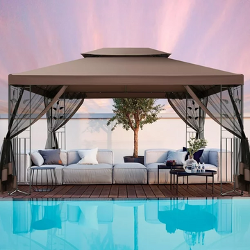 COBIZI 10x13 Outdoor Gazebo, Garden Tent for Patio Canopy with Leaf Screen Steel Frame and Mosquito Netting, Double Roof Canopy Tent for Party, Deck, Backyard, Garden and Lawns, Khaki
