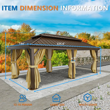 COBIZI 12x20FT Hardtop Gazebo, Metal Gazebo with Aluminum Frame, Permanent Gazebo Double Galvanized Steel Roof, Curtains and Netting Included, Pergolas for Patios, Garden, Deck,Lawns,Dark Brown