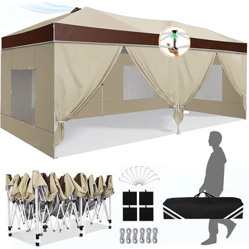 COBIZI 10x20 Pop Up Canopy Tent with 1-Push Center Lock,10X20 Canopy with Air Vent&6 Removable Sidewalls,Easy Up Party Tent for Outdoor Events,Instant Shelter Gazebo,Brown